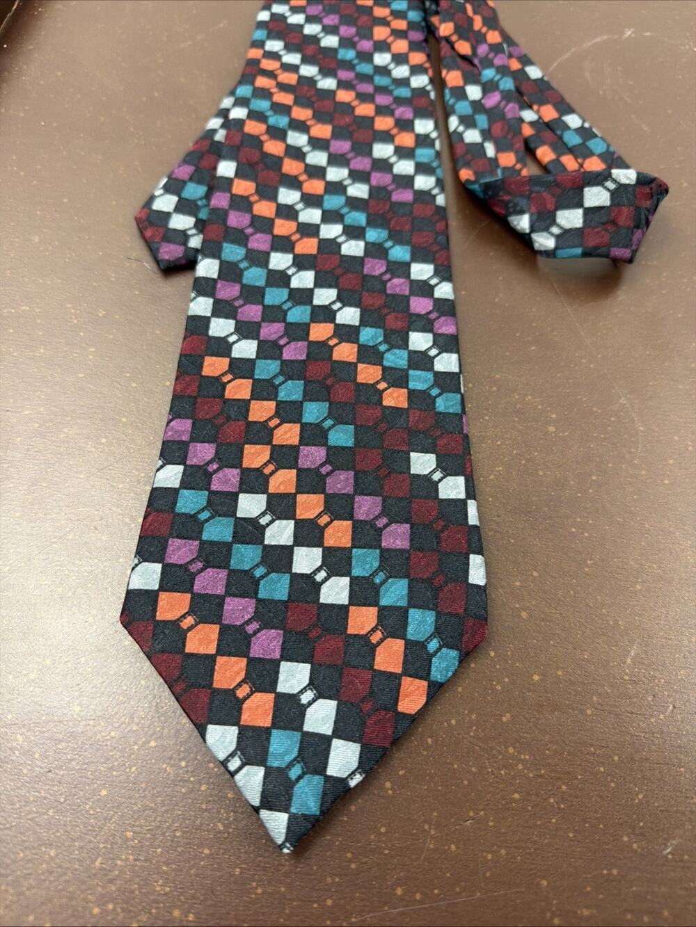 Vintage Christian Dior Monsieur Tie Geometric Abstract Teal Orange Purple